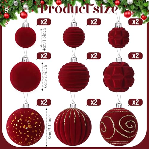 Suzile Red Velvet Christmas Tree Ornaments Set - 18 Pcs Flocked Holiday Decorations
