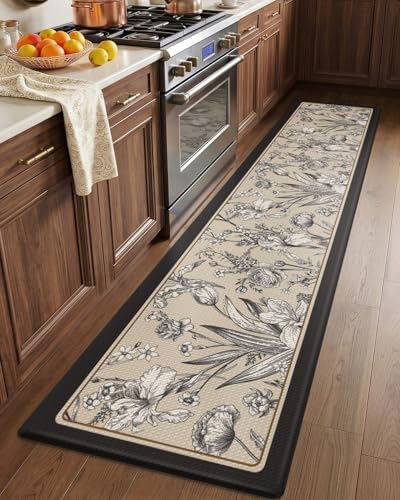 LUMI Anti-Fatigue Kitchen Mat 24x108 Inches - Cream & Dark Brown, Non-Slip, Waterproof, Cushioned Runner Rug