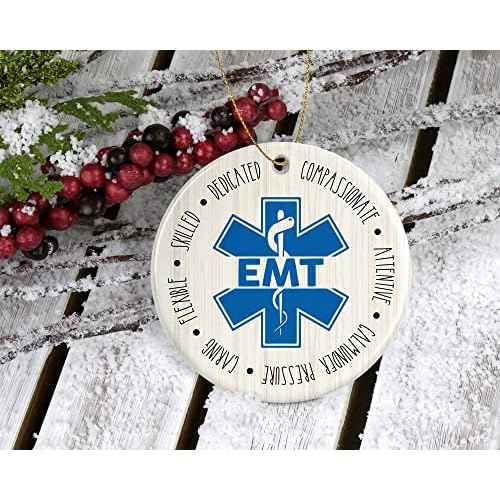 HTDesigns EMT Ornament for Christmas Tree - World's Best - Emergency Medical Technician Clinician Paramedic Ambulance First Responder Printed on Both Sides