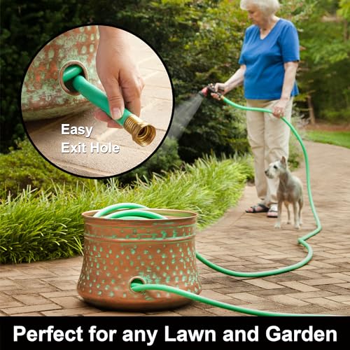 Garden Hose Pot with Patina Finish - Hand-Hammered Steel, Holds 100ft Hose