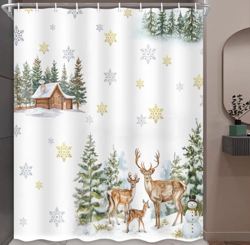 White Christmas Shower Curtain 71x71 Inch Winter Snowman Pine Deer Holiday Decor with Hooks