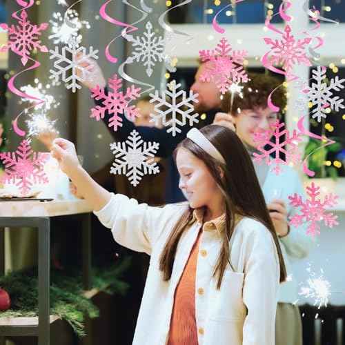 20 Pcs Winter Snowflake Hanging Swirls Decorations - Pink Silver Winter Hanging Ceiling Streamers Glitter Snowflakes Garland for Christmas Winter Wonderland Frozen Party Supplies