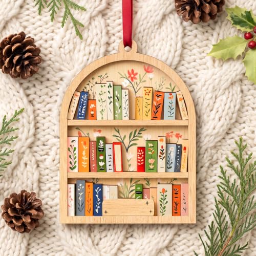 Customizable Bookshelf Christmas Ornament, 4 Inch Wooden Book Lover