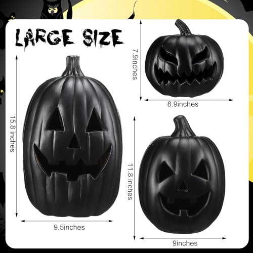 Black Halloween Jack O Lantern Decoration Set with LED Lights - 3 Pieces
