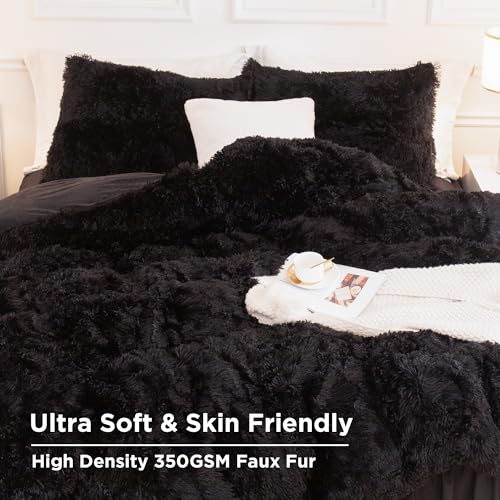 Andency King Size Faux Fur Comforter Set Black 104x90 with Pillow Shams - Fluffy Warm Bedding
