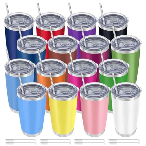 YOUKE OLA 16 Pack 20oz Insulated Stainless Steel Tumblers with Lids & Straws
