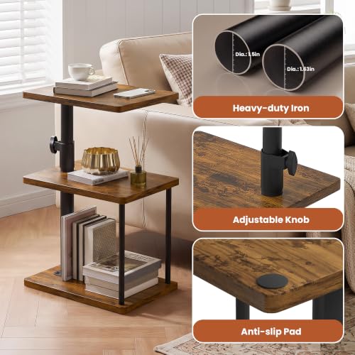 Adjustable Height Swivel End Table - Rustic Brown 3-Tier Side Table