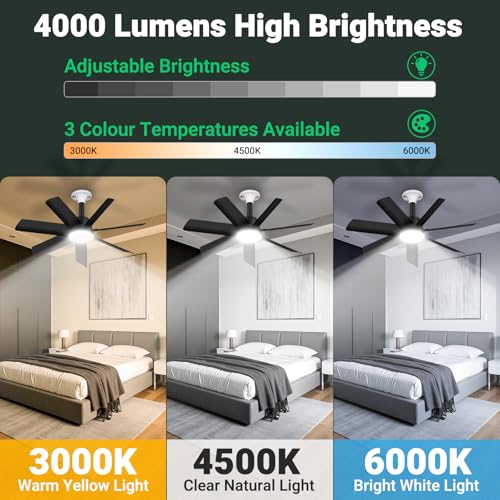Orbecco 28-Inch Black Ceiling Fan with Light, 4000LM 6-Speed Reversible LED Fixture