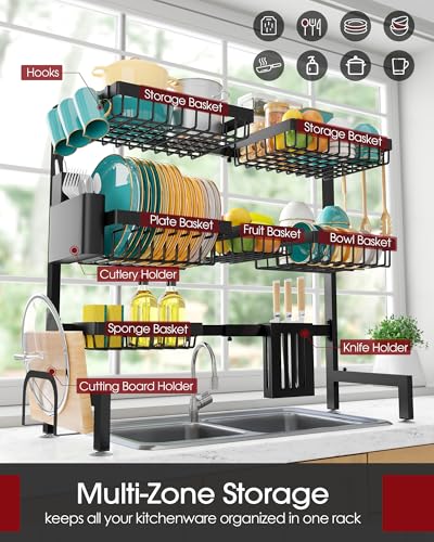 Black Ultra 6-Basket Over Sink Dish Drying Rack - Adjustable Stainless Steel Kitchen Organizer