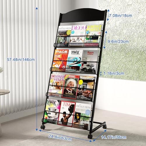 4-Layer Floor Standing Magazine Rack with Wheels & Top Billboard for Exhibitions & Offices