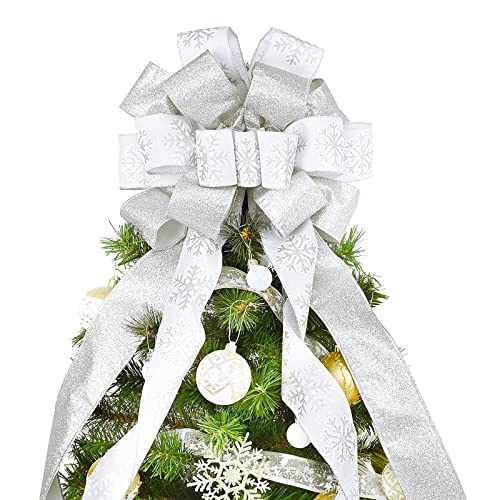 CANGBI Christmas Tree Topper Bow 40in x 13in White Glitter Satin Mesh Ribbon