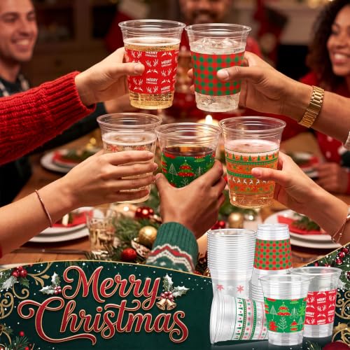 100 Pcs Christmas Plastic Cups 12 oz - Classic Holiday Party Disposable Glasses