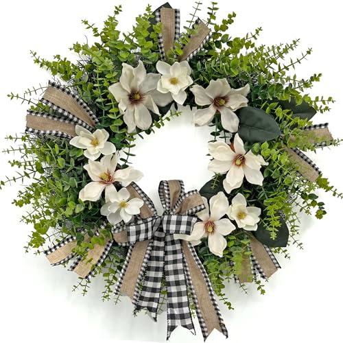 24-Inch Magnolia Wreath with Buffalo Plaid Bow | Farmhouse Front Door Decor