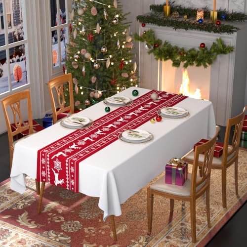 Reindeer Red Christmas Table Runner 72 Inches Long - Faux Linen Holiday Decor