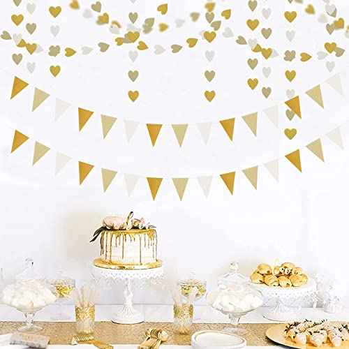 White-Gold Champagne Party-Decorations Banner,2 Pack Christmas Wedding Engagement Hanging Paper Triangle Pennant Flags Streamers,Bachelorette Neutral Baby Bridal Shower Supplies Decor Lasting Surprise