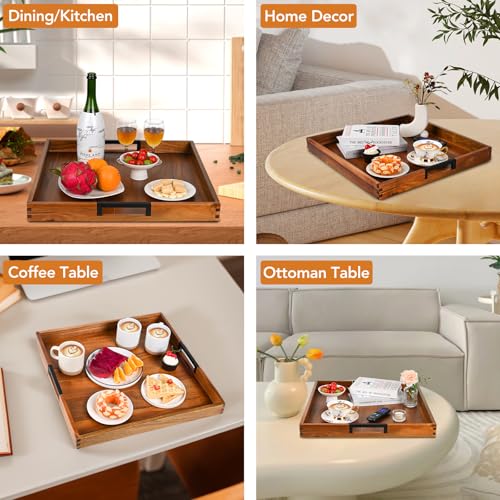 Large Ottoman Serving Tray Natural Wood 20x20 with Metal Handles for Living Room & Kitchen - Joy&Grace