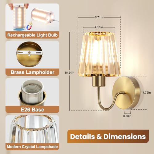 Wireless Wall Sconces Set of 2 with Remote Control - Gold Modern Wall Decor