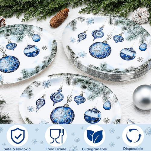 Tioncy 100 Count Xmas Ball Oval Paper Plates - Vintage Blue Holiday Party Disposables (100 / Xmas Ball)