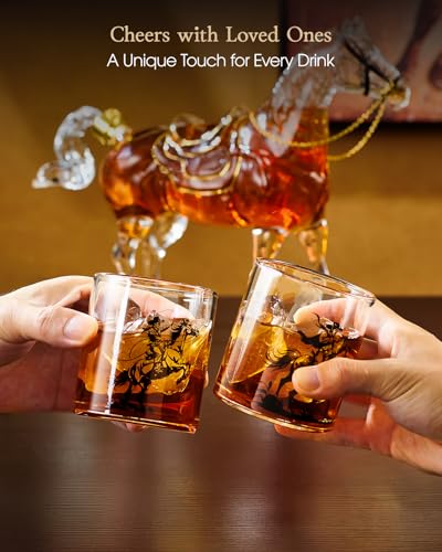 Whiskey Decanter Set with 2 Cowboy Glasses - Horse Theme Western Gift