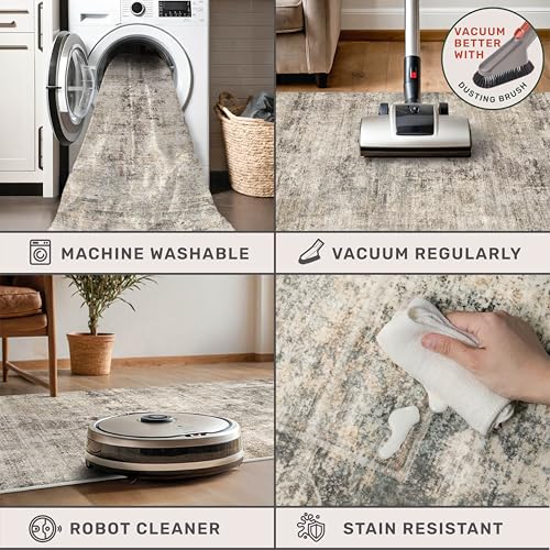 Hazo Haus 8x10 Farmhouse Washable Area Rug - Taupe, Gray & Green Variations