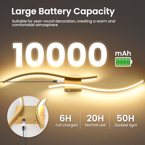 10000mAh Battery Operated Wall Sconces Set of 2 - Gold, 31.5 Inch, Cordless & Dimmable