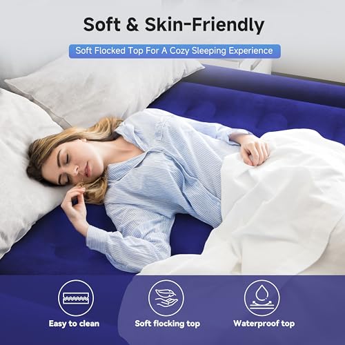 Blue Queen Air Mattress with Built-In Pump, Self-Inflating, Durable, Portable Camping Bed