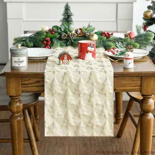Artoid Mode Christmas Table Runner 13x72 Inch Beige Faux Fur Jacquard Holiday Decor