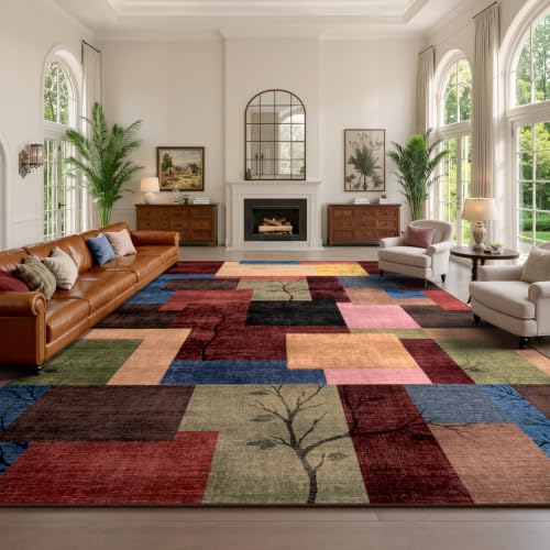 8' x 10' Colorful Geometric Area Rug - Non-Slip Modern Patchwork Carpet