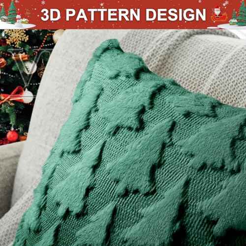 Christmas Pillow Covers 18x18 inch, Set of 2 Christmas Tree Decoration Soft Plush Faux Fur Throw Pillows Covers for Winter Holiday Festivals Bedroom Sofa Home Decor (Green)