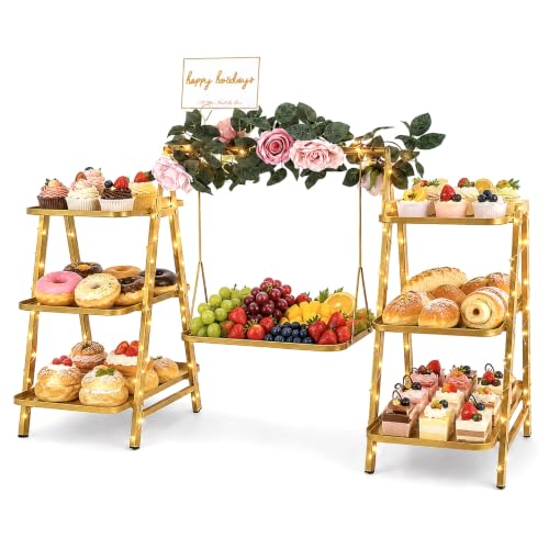 Gold 3-Tier Cupcake Stand with Fairy Lights & Flower Garland for Parties