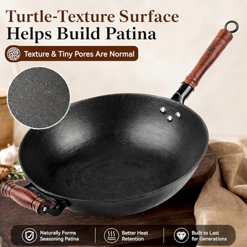 12.6 Inch Cast Iron Wok with Wooden Lid - Flat Bottom Chinese Stir Fry Pan