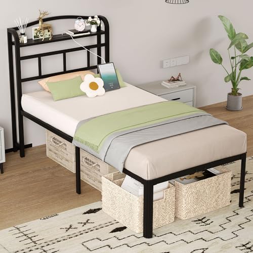 Twin Metal Bed Frame with Headboard & Charging Station - 18 Inch Heavy Duty Platform Bed
