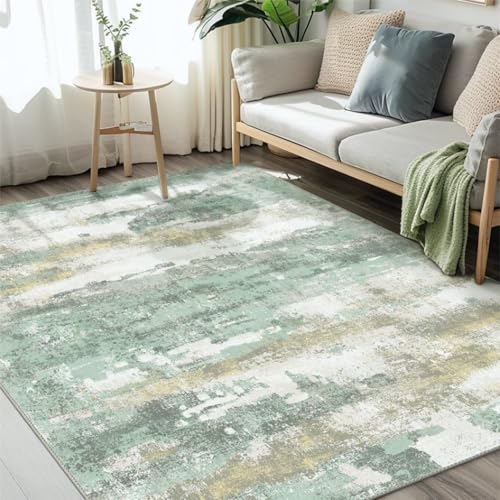 Light Green and Cream Abstract Area Rug - 6x9 Non-Slip Washable Carpet for Bedroom