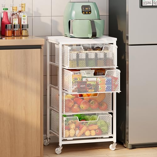 White 4-Tier Kitchen Storage Cart with Drawers and Wooden Top - Fruit and Vegetable Organizer with Wheels