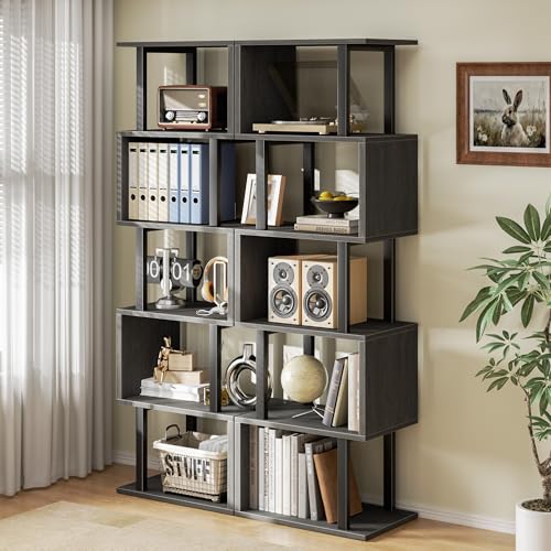Black Light Black Oak 6-Tier S-Shaped Geometric Bookcase - Modern Display Shelf
