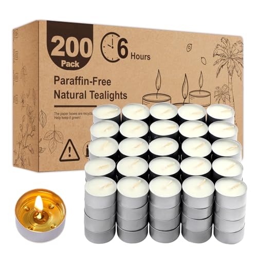 Palm Wax Tea Lights Candles 200 Pack - Unscented, 6 Hour Burn, Clean & Smokeless