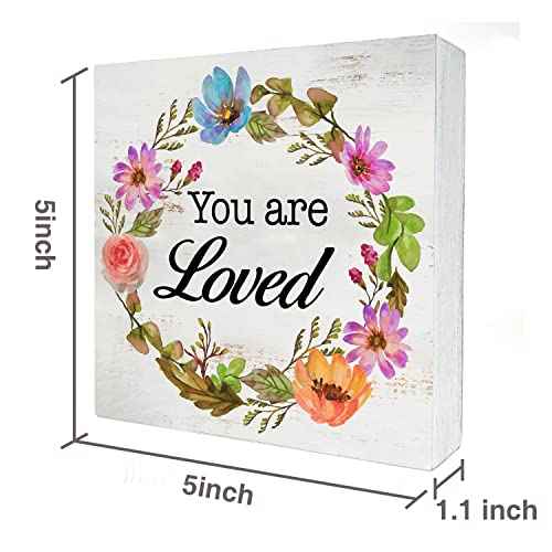 Floral You Are Loved Wood Box Sign Home Decor Rustic Inspirational Wooden Box Sign Block Plaque for Wall Tabletop Desk Home Decoration 5" x 5"