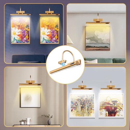 Dimmable Cordless Picture Light with Controller & Timer - 14 Inch Gold Wall Sconce for Artwork & Portraits