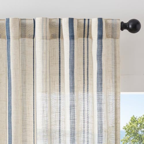 Ocean Tide Blue Linen Curtains 84 Inch Farmhouse Back Tab 2 Panels