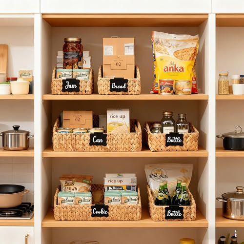 Natural Water Hyacinth Pantry Storage Baskets - 3 Pack with Handles & Chalkboard Labels