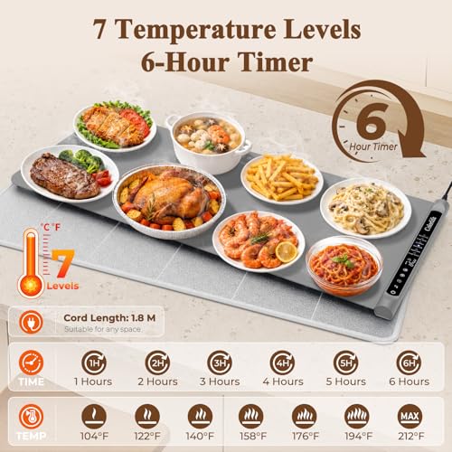 Electric Food Warming Mat with Heat-Resistant Pad - XL 15x35.5 Inches Gray - Preset & Adjustable Temperature