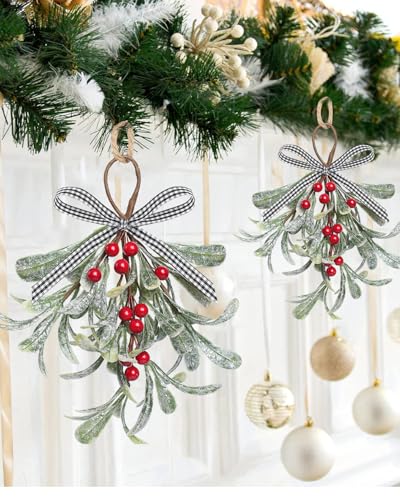 Artificial Mistletoe Décor for Doorways - 12in Glitter Leaves with Red Berries