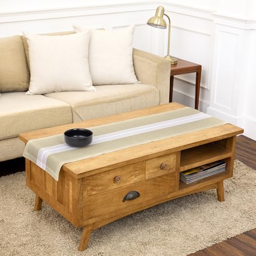 Solino Home 100% Pure Linen Table Runner 14 x 48 in White & Pale Khaki