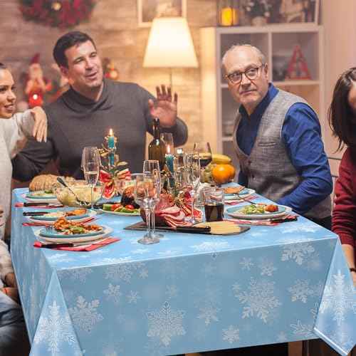 3 Pack Winter Snowflake Plastic Tablecloth Decorations, Light Blue Snowflake Winter Wonderland Disposable Table Cover for Christmas Holiday New Year Party Supplies Decorations, 54 x 108 Inch