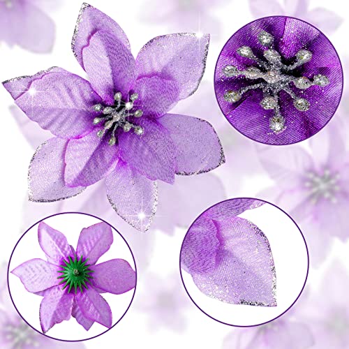 WILLBOND 45pcs Purple Glitter Poinsettia Artificial Christmas Flowers