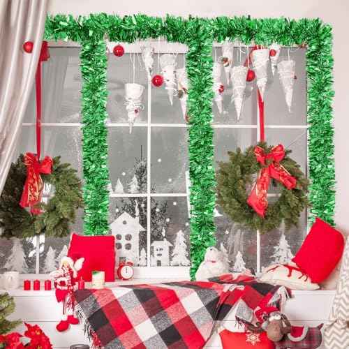 BLEUM CADE 32.8Ft Christmas Tinsel Garland, Green Tinsel Garland for Xmas Tree Decorations Holiday Birthday Wedding Party Supplies