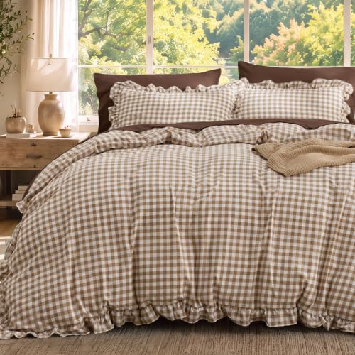 Bedsure Brown Gingham Ruffle Duvet Cover Set - Queen 90x90 Inches