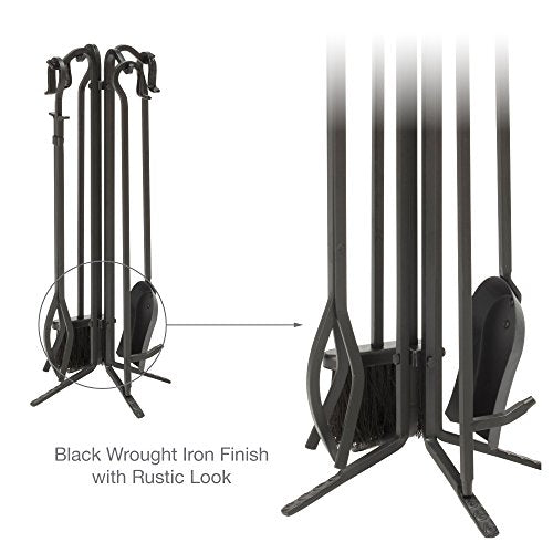 UniFlame Black Wrought Iron Fireplace Tools Set - 5-Piece Fire Tool Kit with Stand