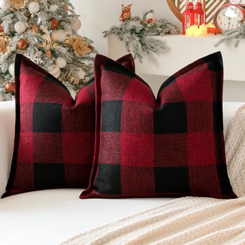 OTOSTAR Pack of 2 24x24 Inch Black and Red Gingham Buffalo Check Pillow Covers Linen Christmas Tartan Farmhouse Decor