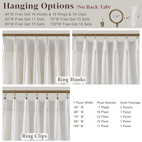 Triple Pinch Pleated Curtains for Living Room 90 Inch Linen 2 Panels